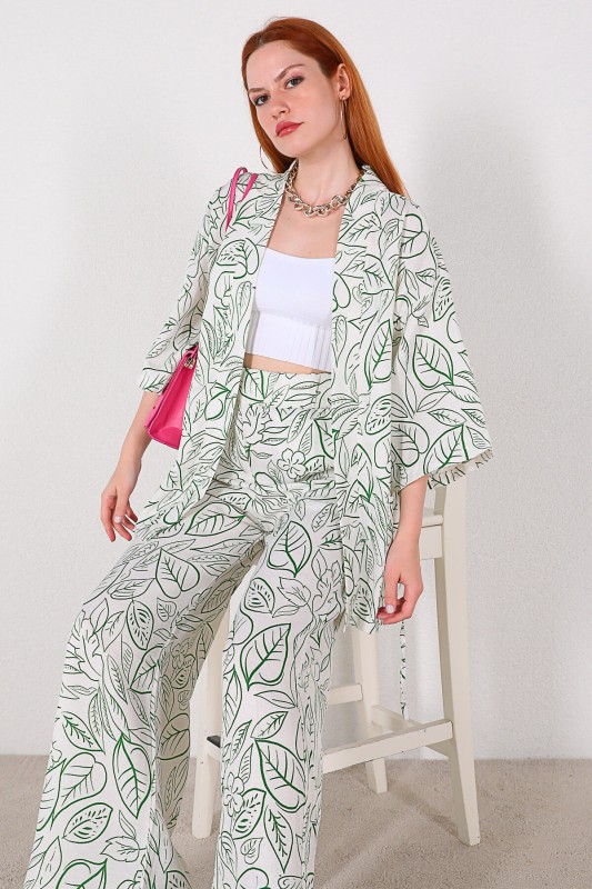 TKM-03320 Yeşil Yaprak Desenli Kimono Salaş Pantolon Keten İkili Takım