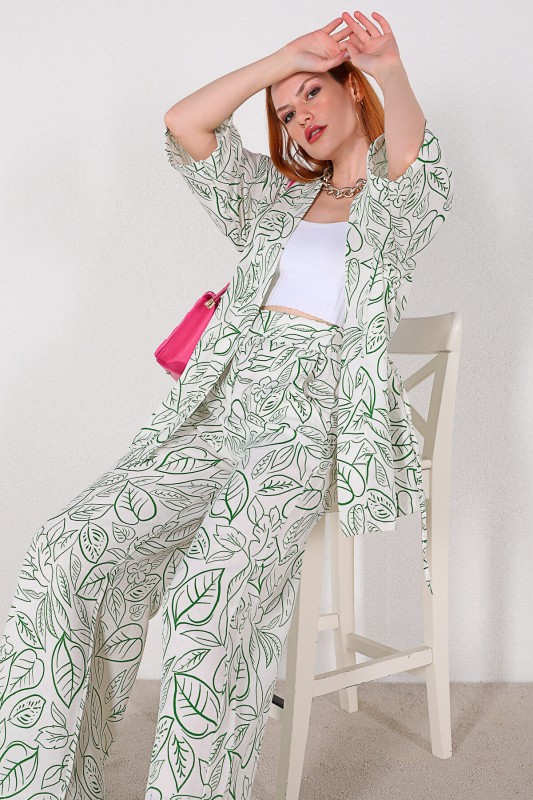 TKM-03320 Yeşil Yaprak Desenli Kimono Salaş Pantolon Keten İkili Takım