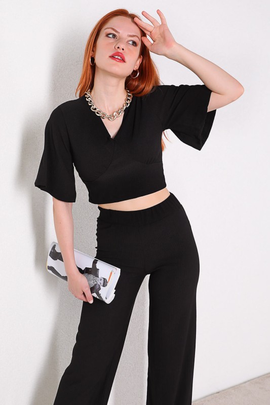 TKM-03321 Siyah V Yaka Bluz Pantolon İkili Takım