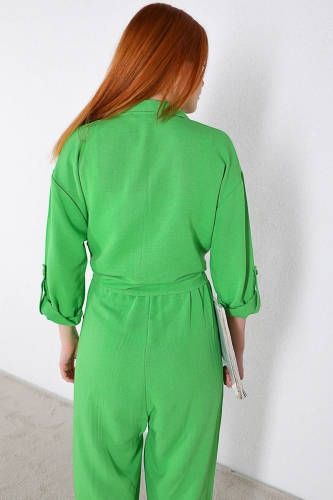 TKM-03322 Yeşil Salaş Gömlek Balon Pantolon Keten Kumaş İkili Takım - Thumbnail