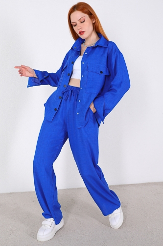 TKM-03323 Mavi Cep Detaylı Salaş Gömlek Pantolon Çıtçıtlı İkili Takım - Thumbnail