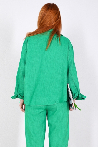 TKM-03323 Yeşil Cep Detaylı Salaş Gömlek Pantolon Çıtçıtlı İkili Takım - Thumbnail
