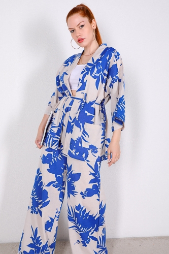 TKM-03328 Mavi Çiçek Desenli Taş Rengi Kimono Salaş Pantolon Keten Kumaş İkili Takım - Thumbnail