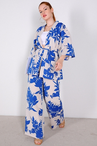 TKM-03328 Mavi Çiçek Desenli Taş Rengi Kimono Salaş Pantolon Keten Kumaş İkili Takım - Thumbnail