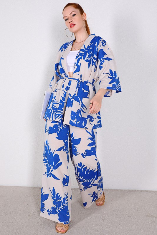 TKM-03328 Mavi Çiçek Desenli Taş Rengi Kimono Salaş Pantolon Keten Kumaş İkili Takım