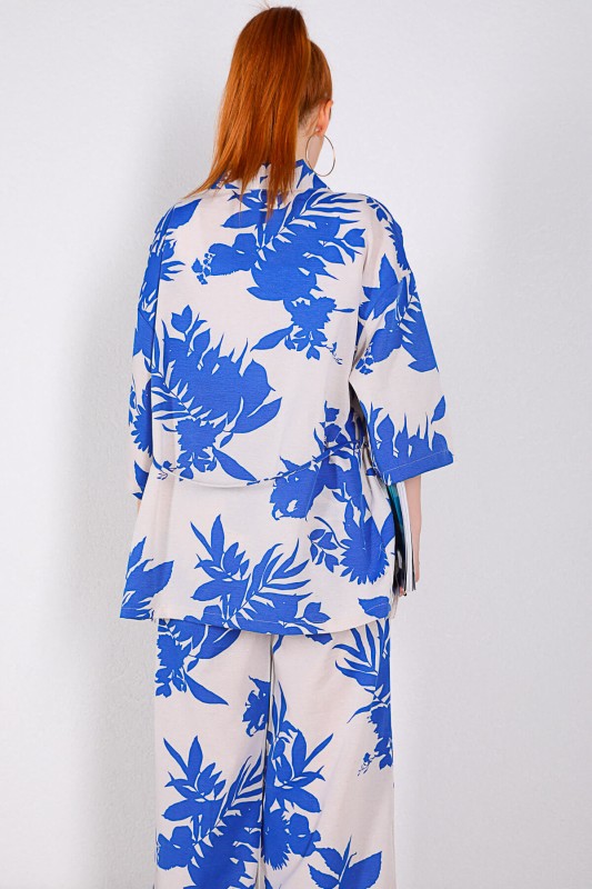TKM-03328 Mavi Çiçek Desenli Taş Rengi Kimono Salaş Pantolon Keten Kumaş İkili Takım