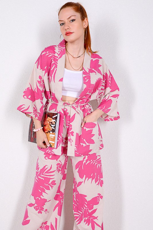 TKM-03328 Pembe Çiçek Desenli Taş Rengi Kimono Salaş Pantolon Keten Kumaş İkili Takım