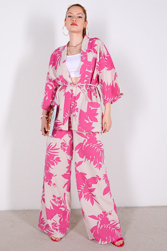 TKM-03328 Pembe Çiçek Desenli Taş Rengi Kimono Salaş Pantolon Keten Kumaş İkili Takım