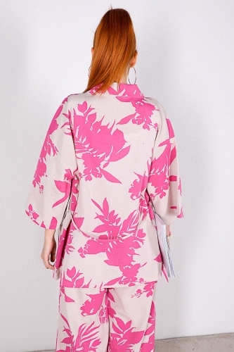 TKM-03328 Pembe Çiçek Desenli Taş Rengi Kimono Salaş Pantolon Keten Kumaş İkili Takım - Thumbnail