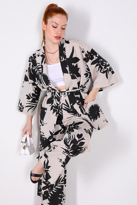 TKM-03328 Siyah Çiçek Desenli Taş Rengi Kimono Salaş Pantolon Keten Kumaş İkili Takım
