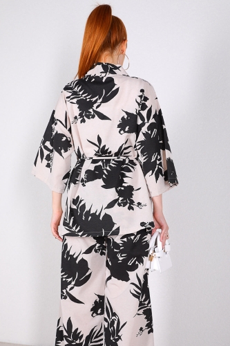 TKM-03328 Siyah Çiçek Desenli Taş Rengi Kimono Salaş Pantolon Keten Kumaş İkili Takım - Thumbnail
