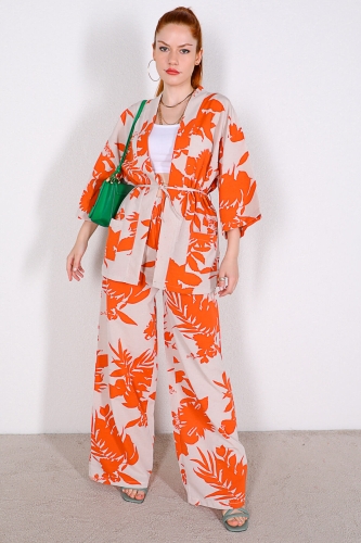 TKM-03328 Turuncu Çiçek Desenli Taş Rengi Kimono Salaş Pantolon Keten Kumaş İkili Takım - Thumbnail