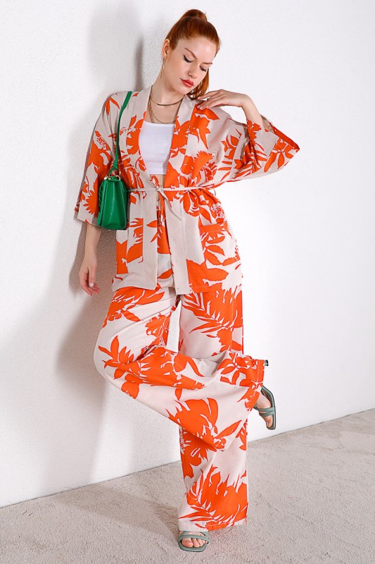 TKM-03328 Turuncu Çiçek Desenli Taş Rengi Kimono Salaş Pantolon Keten Kumaş İkili Takım