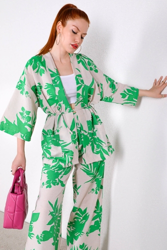 TKM-03328 Yeşil Çiçek Desenli Taş Rengi Kimono Salaş Pantolon Keten Kumaş İkili Takım - Thumbnail