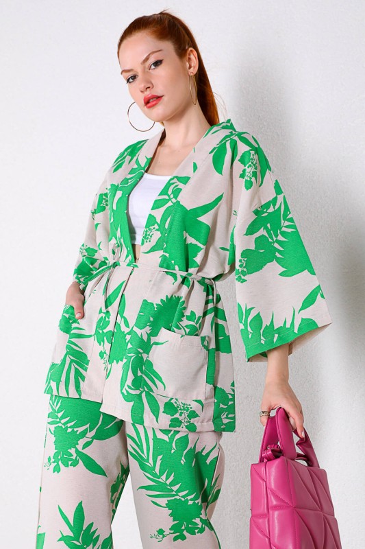 TKM-03328 Yeşil Çiçek Desenli Taş Rengi Kimono Salaş Pantolon Keten Kumaş İkili Takım