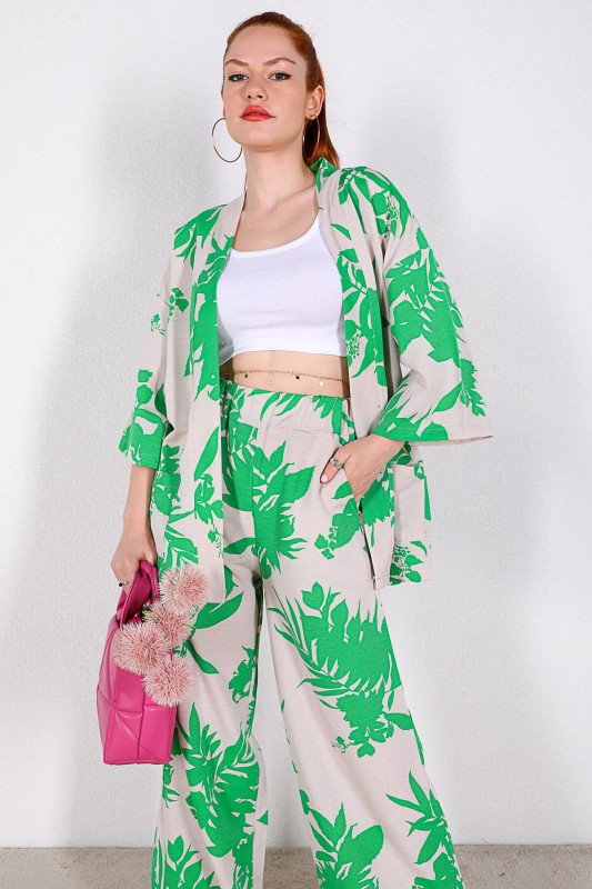 TKM-03328 Yeşil Çiçek Desenli Taş Rengi Kimono Salaş Pantolon Keten Kumaş İkili Takım