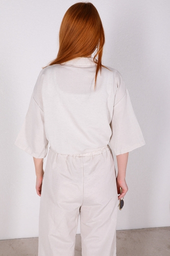 TKM-03329 Taş Rengi Çift Cep Detaylı Salaş Gömlek Pantolon Keten Kumaş İkili Takım - Thumbnail