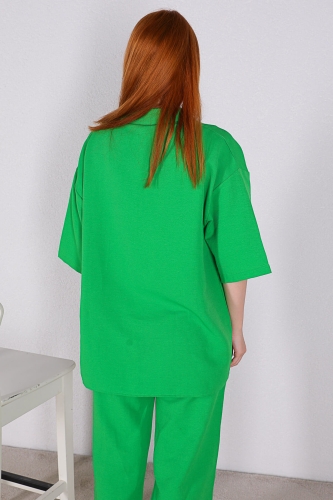 TKM-03329 Yeşil Çift Cep Detaylı Salaş Gömlek Pantolon Keten Kumaş İkili Takım - Thumbnail