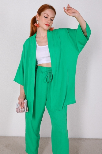 TKM-03331 Yeşil Salaş Gömlek Pantolon Mevsimlik Kumaş İkili Takım - Thumbnail