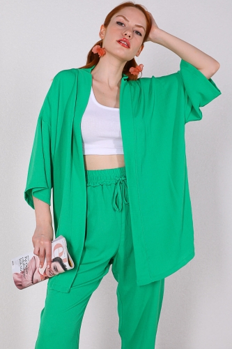 TKM-03331 Yeşil Salaş Gömlek Pantolon Mevsimlik Kumaş İkili Takım - Thumbnail