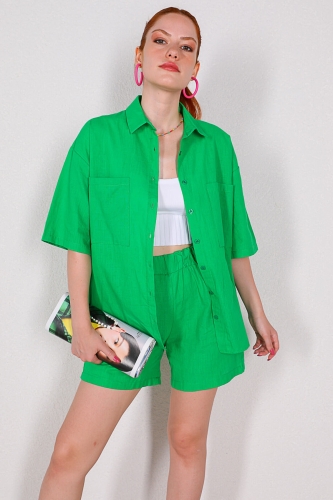 TKM-03337 Yeşil Salaş Cepli Gömlek Bel Lastikli Şort Keten İkili Takım - Thumbnail