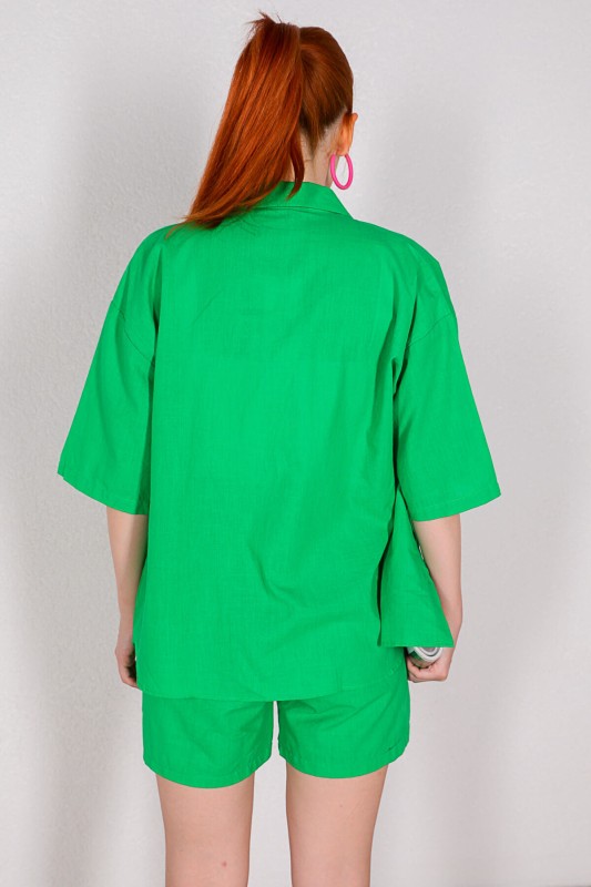 TKM-03337 Yeşil Salaş Cepli Gömlek Bel Lastikli Şort Keten İkili Takım