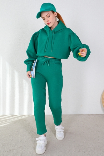 TKM-03339 Koyu Yeşil Balon Kol Crop Sweatshirt Jogger Üç İplik Şardonlu İkili Takım - Thumbnail