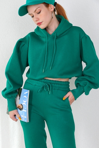 TKM-03339 Koyu Yeşil Balon Kol Crop Sweatshirt Jogger Üç İplik Şardonlu İkili Takım - Thumbnail