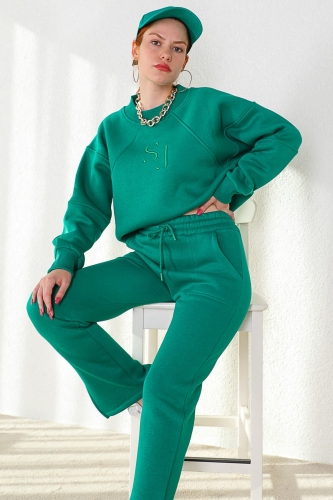 TKM-03341 Koyu Yeşil SJ Nakışlı Sweatshirt Salaş Eşofman Üç İplik Şardonlu İkili Takım - Thumbnail