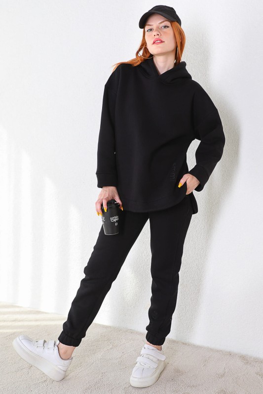 TKM-03345 Siyah Emmi Nakışlı Kapüşonlu Sweatshirt Jogger Üç İplik Şardonlu İkili Takım