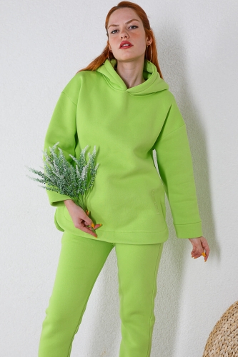 TKM-03345 Yeşil Emmi Nakışlı Kapüşonlu Sweatshirt Jogger Üç İplik Şardonlu İkili Takım - Thumbnail