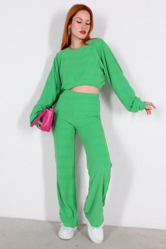TKM-03353 Koyu Yeşil Fitilli Kumaş Crop Üst Salaş Pantolon İkili Takım - Thumbnail