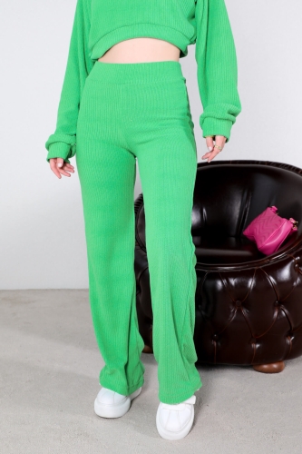 TKM-03353 Koyu Yeşil Fitilli Kumaş Crop Üst Salaş Pantolon İkili Takım - Thumbnail