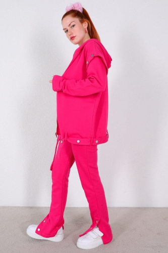 TKM-03356 Pembe Çıtçıtlı Kemer Detaylı Ceket Yelek Pantolon Tasarım İkili Takım - Thumbnail