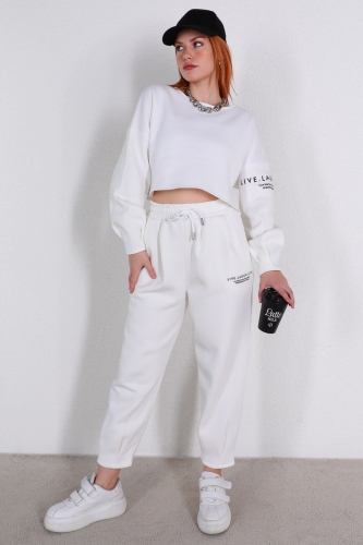 TKM-03375 Beyaz Kol Baskılı Crop Sweat Pensli Pantolon İkili Takım - Thumbnail