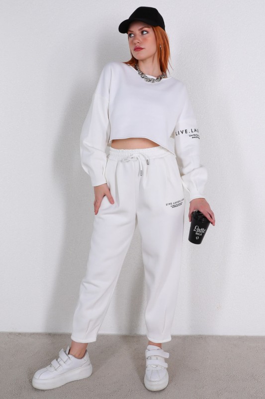 TKM-03375 Beyaz Kol Baskılı Crop Sweat Pensli Pantolon İkili Takım