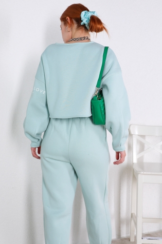 TKM-03375 Mint Yeşili Kol Baskılı Crop Sweat Pensli Pantolon İkili Takım - Thumbnail