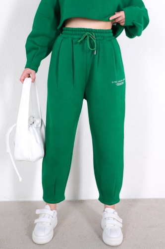 TKM-03375 Yeşil Kol Baskılı Crop Sweat Pensli Pantolon İkili Takım - Thumbnail