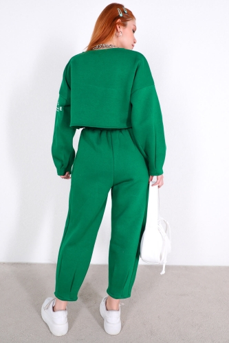 TKM-03375 Yeşil Kol Baskılı Crop Sweat Pensli Pantolon İkili Takım - Thumbnail