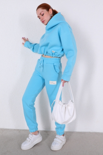 TKM-03377 Bebe Mavi Bel Bağlamalı Kapüşonlu Crop Sweatshirt Jogger İkili Takım - Thumbnail