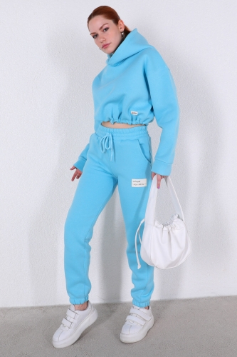 TKM-03377 Bebe Mavi Bel Bağlamalı Kapüşonlu Crop Sweatshirt Jogger İkili Takım - Thumbnail