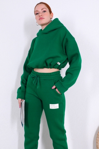 TKM-03377 Yeşil Bel Bağlamalı Kapüşonlu Crop Sweatshirt Jogger İkili Takım - Thumbnail