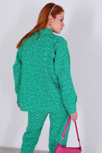 TKM-03380 Yeşil Gömlek Paça Yırtmaçlı Pantolon Şanel Kumaş İkili Takım - Thumbnail