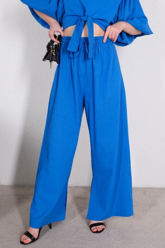 TKM-03389 Mavi Bağlamalı Bluz Salaş Pantolon İkili Keten Takım - Thumbnail