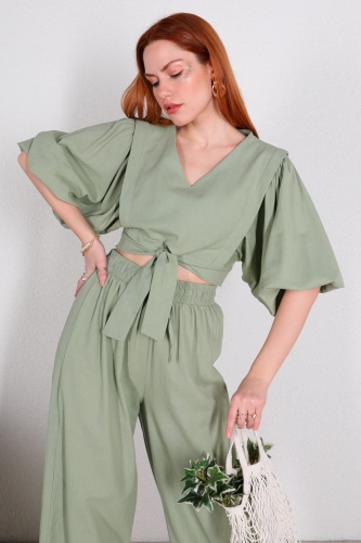 TKM-03389 Mint Yeşili Bağlamalı Bluz Salaş Pantolon İkili Keten Takım - Thumbnail
