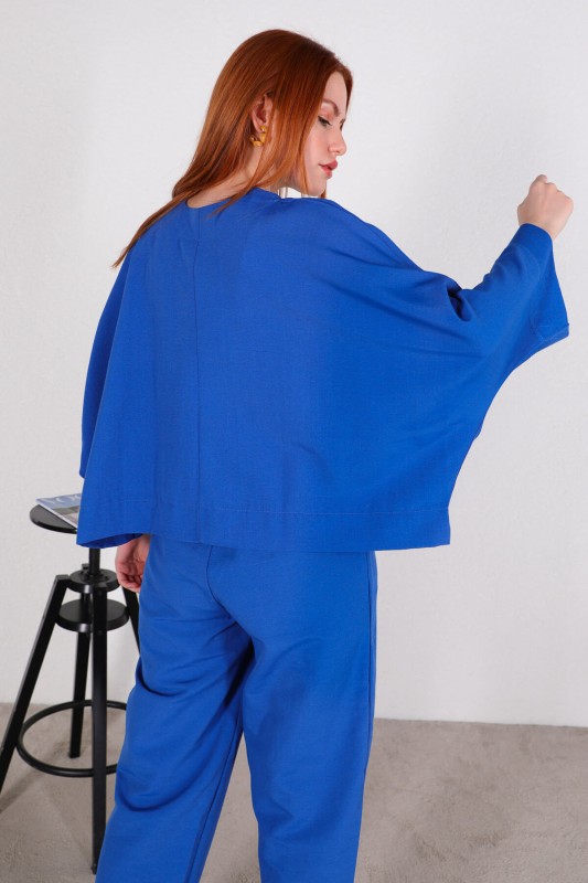 TKM-03390 Mavi V Yaka Bluz Salaş Pantolon İkili Keten Takım