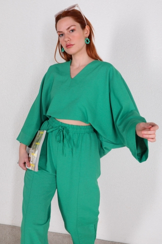 TKM-03390 Yeşil V Yaka Bluz Salaş Pantolon İkili Keten Takım - Thumbnail