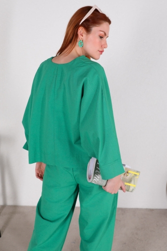 TKM-03390 Yeşil V Yaka Bluz Salaş Pantolon İkili Keten Takım - Thumbnail