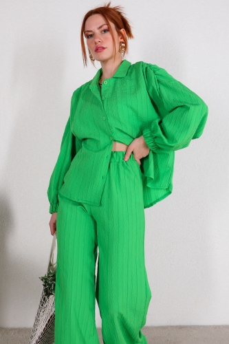 TKM-03391 Yeşil Balon Kol Gömlek Salaş Pantolon Paris Kumaş İkili Takım - Thumbnail