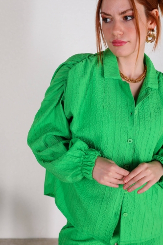 TKM-03391 Yeşil Balon Kol Gömlek Salaş Pantolon Paris Kumaş İkili Takım - Thumbnail